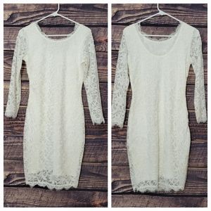 3/4 Sleeve White Floral Lace Cocktail Dress (Size: Medium)